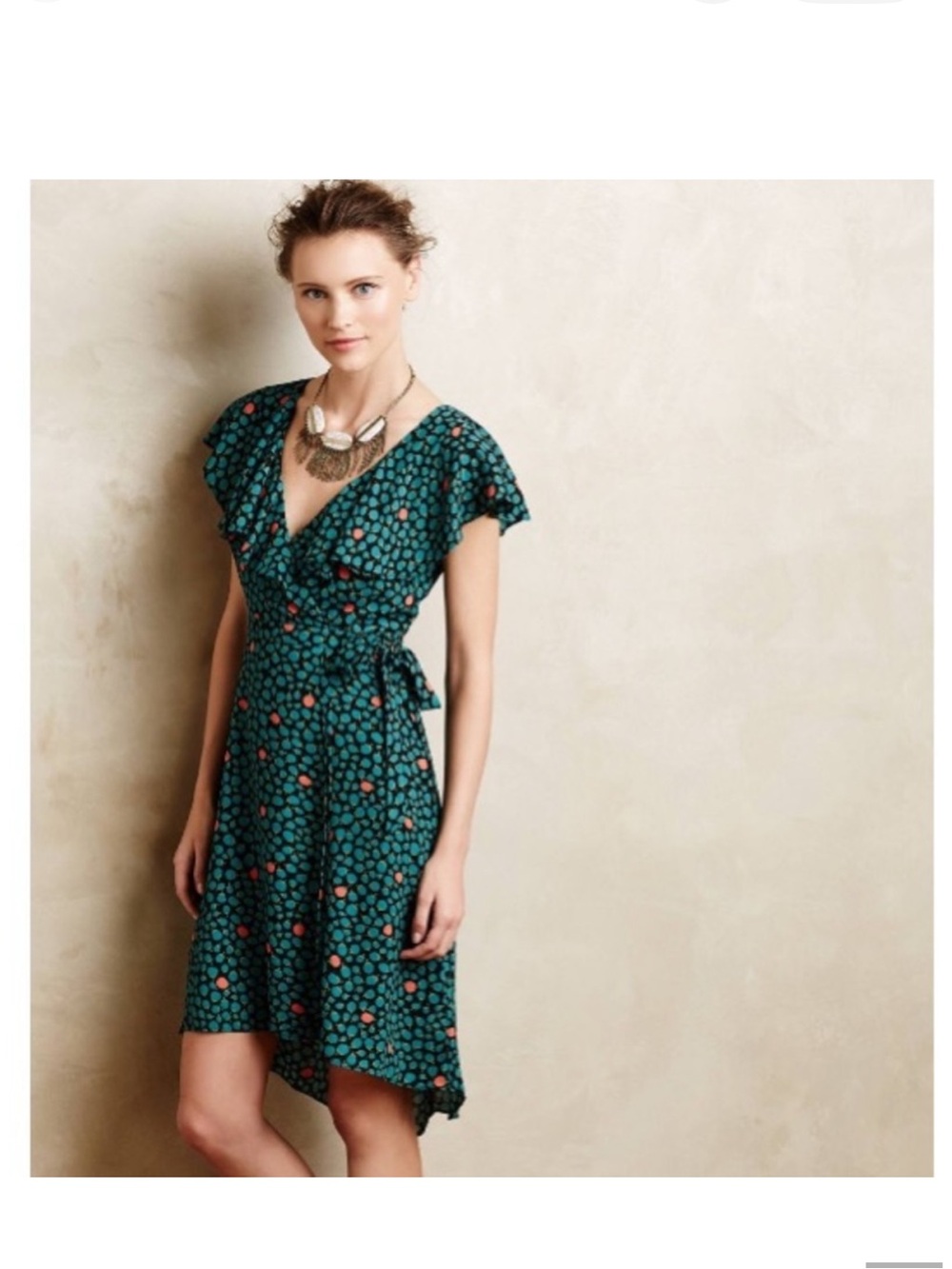 Anthropologie  HD in Paris Teal Flutter Wrap Dress with Coral Dot Motif
